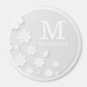 Aimant Nom à relief floral blanc initiales personnalisées