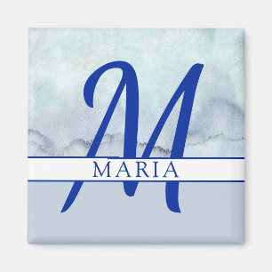 Aimant Nom Aquarelle bleu monogramme