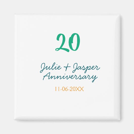 Aimant nom date anniversaire 20 ans bleu vert orange (Devant)