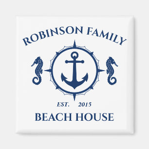 Aimant Nom de famille Beach House Ancre de mer Bleu blanc