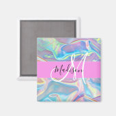 Aimant Nom de monogramme holographique iridescent rose fé (Recto/Verso)