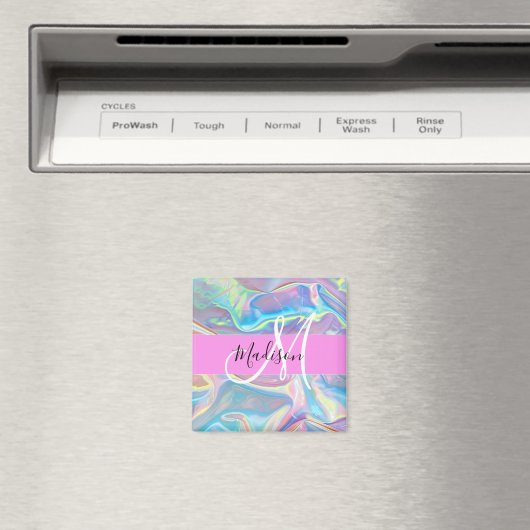 Aimant Nom de monogramme holographique iridescent rose fé (In Situ (Lave-vaisselle))