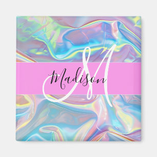 Aimant Nom de monogramme holographique iridescent rose fé