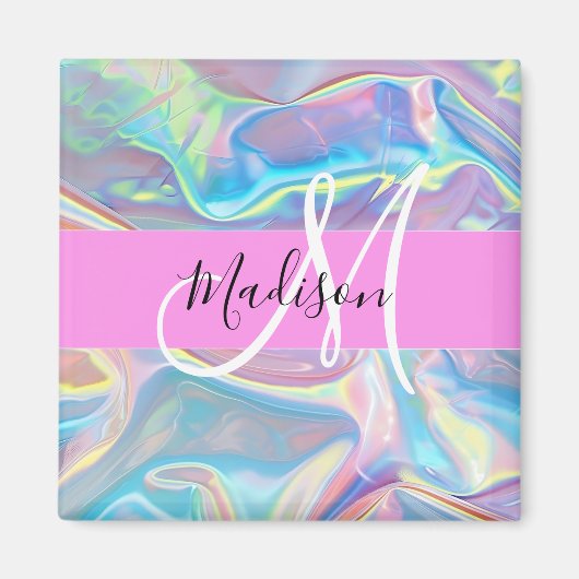 Aimant Nom de monogramme holographique iridescent rose fé (Devant)