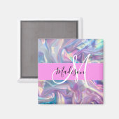 Aimant Nom de monogramme holographique iridescent rose fé (Recto/Verso)