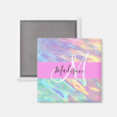 Aimant Nom de monogramme holographique iridescent rose fé (Recto/Verso)