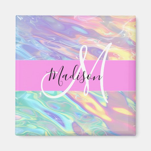 Aimant Nom de monogramme holographique iridescent rose fé (Devant)