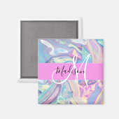 Aimant Nom de monogramme holographique iridescent rose fé (Recto/Verso)