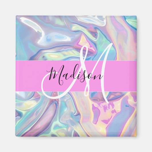 Aimant Nom de monogramme holographique iridescent rose fé (Devant)