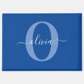 Aimant Nom de script de monogramme personnalisé bleu blan (Recto)