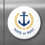 Aimant Nom du bateau Ancre Gold Style Laurel bleu blanc<br><div class="desc">Un aimant rond personnalisé avec votre nom de bateau, votre nom de famille ou tout autre texte souhaité, au besoin. Doté d'une ancre nautique conçue sur mesure, de feuilles de laurier de style or et d'emblème d'étoile sur le blanc ou de régler facilement la couleur primaire pour correspondre à votre...</div>