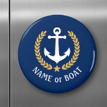 Aimant Nom du bateau Ancre Gold Style Laurel Star Navy Bl<br><div class="desc">Un aimant rond personnalisé avec votre nom de bateau, votre nom de famille ou tout autre texte souhaité, au besoin. Doté d'une ancre nautique conçue sur mesure, de feuilles de lauriers de style or et d'un emblème d'étoiles en bleu marine ou de régler facilement la couleur primaire pour correspondre à...</div>