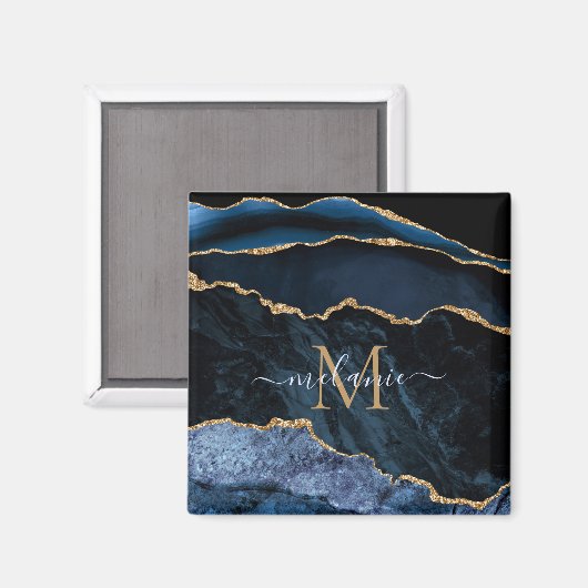 Aimant Nom du monogramme Agate Marine Bleu Gold Gemstone  (Recto/Verso)
