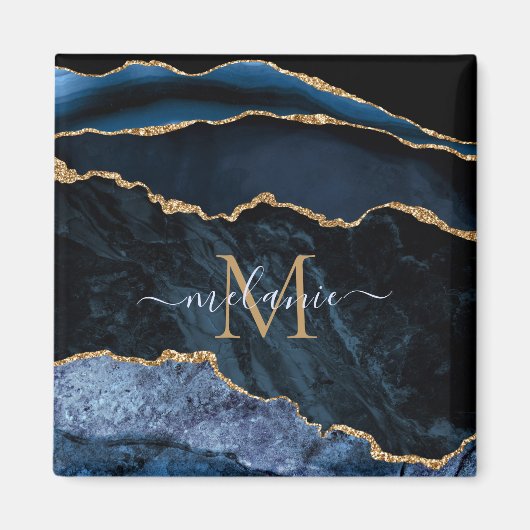 Aimant Nom du monogramme Agate Marine Bleu Gold Gemstone  (Devant)