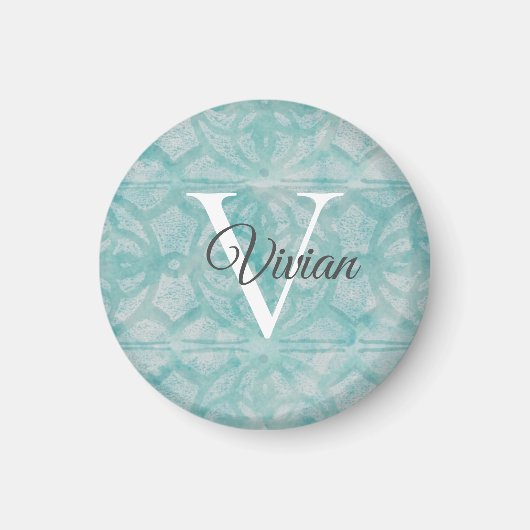 Aimant Nom du monogramme de l'aquarelle turquoise (Devant)