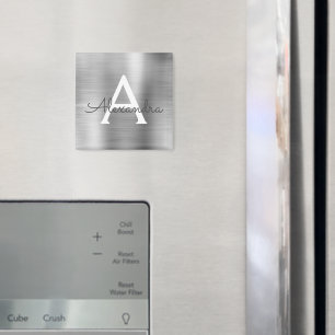 Aimant Nom du monogramme en métal brossé argenté