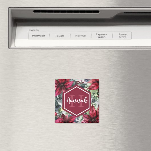 Aimant Nom du monogramme personnalisé Poinsettia rouge (In Situ (Lave-vaisselle))