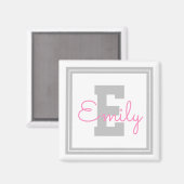 Aimant Nom et monogramme encadrés | Gris clair et rose (Recto/Verso)