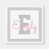 Aimant Nom et monogramme encadrés | Gris clair et rose (Devant)