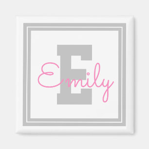 Aimant Nom et monogramme encadrés mignons Gris clair et
