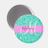 Aimant Nom Monogramme Paillettes Turquoise Rose Glamour (Recto/Verso)
