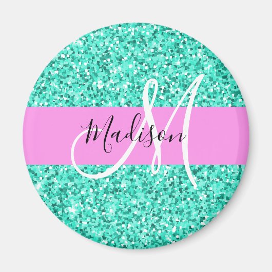 Aimant Nom Monogramme Paillettes Turquoise Rose Glamour (Devant)