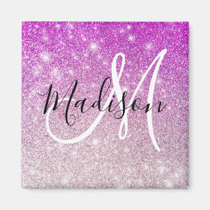 Aimant Nom monogramme Paillettes Violet Girly & Glam
