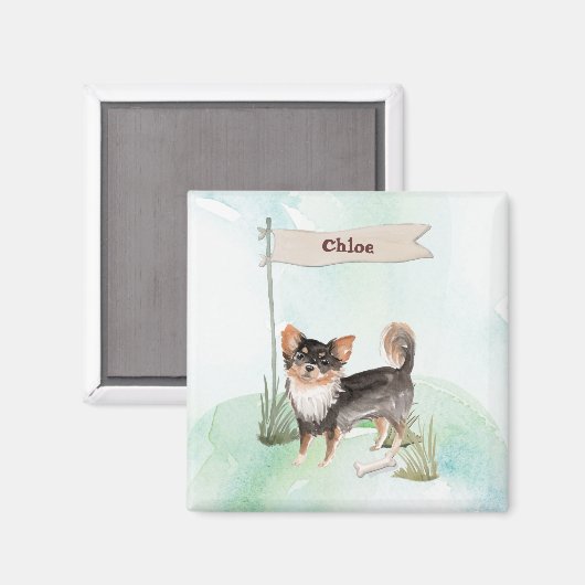 Aimant Nom personnalisé Long Haired Chihuahua Chien anima (Recto/Verso)