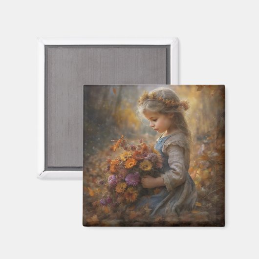 Aimant Nostalgic Autumn Child with Wildflower Bouquet (Recto/Verso)
