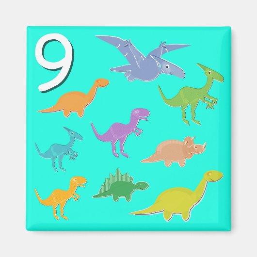 Aimant Numéro 9 Neuf Dinosaures Comptage (Devant)