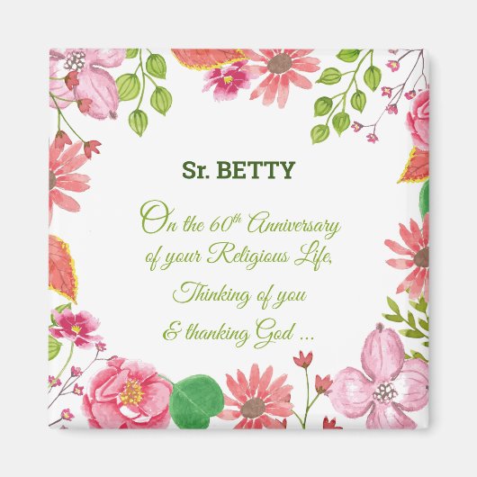 Aimant Nun Religious 60e Anniversaire Fleurs aquarelles (Devant)