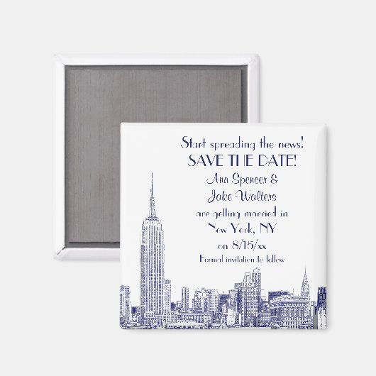 Aimant NYC Skyline 01 Etché Enregistrer la date Bleu (Recto/Verso)