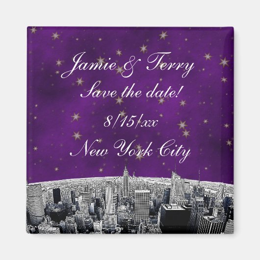 Aimant NYC Skyline 2 Purple Gold Star Date de sauvegarde (Devant)