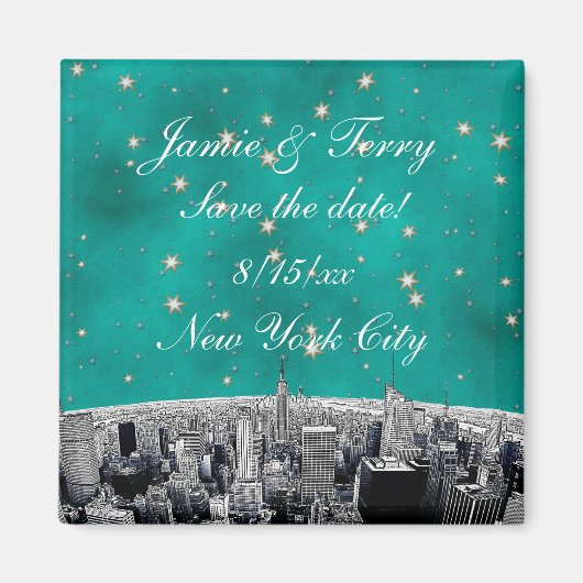 Aimant NYC Skyline 2 Turquoise Gold Star Date de sauvegar (Devant)