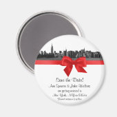 Aimant NYC Wide Skyline Etched BW Red Enregistrer la date (Recto/Verso)