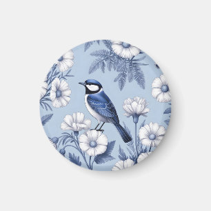 Aimant Oiseau Bleu Élégant et Motif Floral Blanc