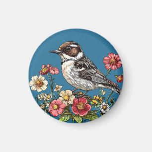Aimant Oiseau encadré par des fleurs vibrantes