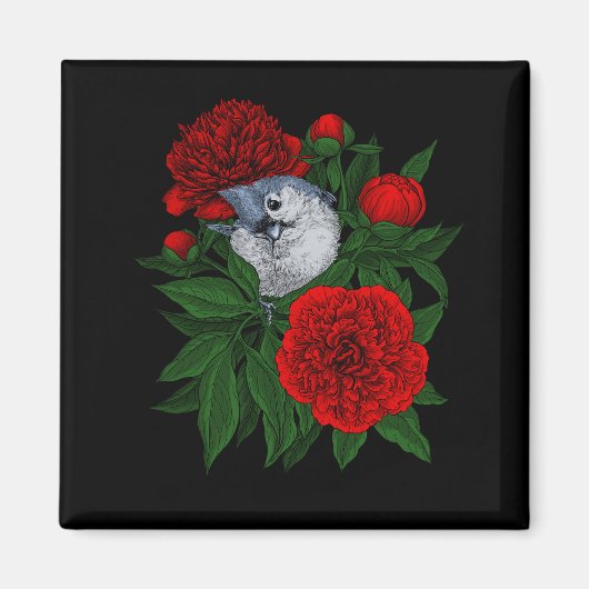 Aimant Oiseau sur un bouquet de pivoine rouge (Devant)