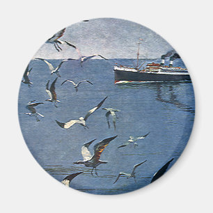 Aimant Oiseaux Animaux Vintage, Mouettes et Bateaux de Pê