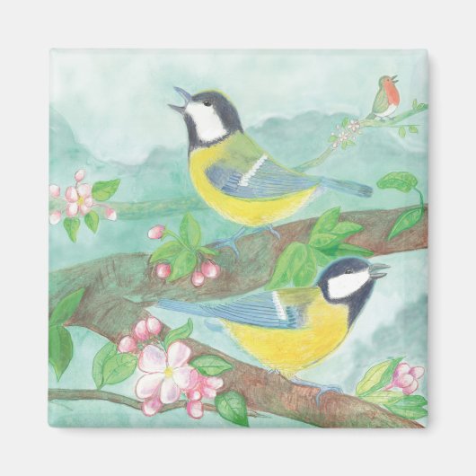 Aimant Oiseaux chantant sur une branche d'arbre en fleurs (Devant)