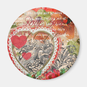 Aimant Oiseaux de l'amour Cœur Rouge Collage d'art