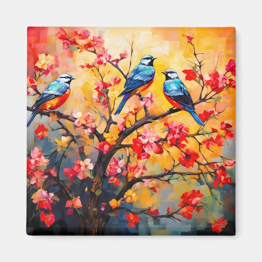 Aimant Oiseaux de printemps colorés en fleurs (Devant)