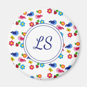 Aimant Oiseaux et fleurs printemps motif blanc
