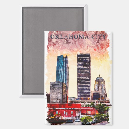 Aimant Oklahoma City Aquarelle Ville Silhouette Peinture (Recto/Verso)