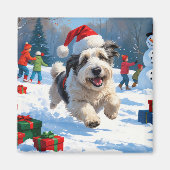 Aimant Old English Sheepdog Running in Snow Christmas Cas (Devant)