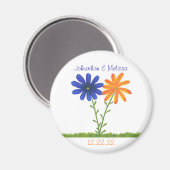 Aimant Orange & Fleur Bleue Enregistrer la date mariage m (Recto/Verso)