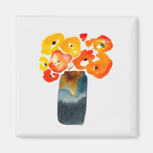 Aimant Orange fleurs de pavot aquarelle