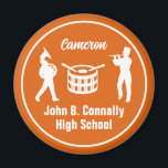 Aimant Orange High School Marching Band Personnalisé<br><div class="desc">Ce cool customisé orange du lycée marching bande magnétique présente la typographie blanche de votre nom de joueur sous les tambours. Un grand cadeau étudiant musicien pour les parents.</div>