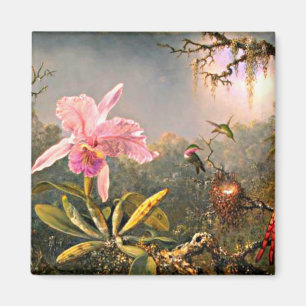 Aimant Orchidée de Cattleya et trois colibris