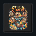 Aimant Otter Chaos<br><div class="desc">A playful illustration of mischievous otters splashing in water while enjoying snacks,  toys,  and summer fun in a burst of joyful chaos.</div>